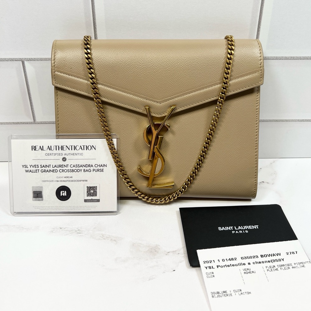 YSL Yves Saint Laurent Cassandra Chain Wallet Grained Crossbody Bag Purse